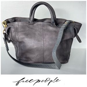FREE PEOPLE Leslie Gray Pebbled Distress Leather Large Satchel Shoulder bag Tote